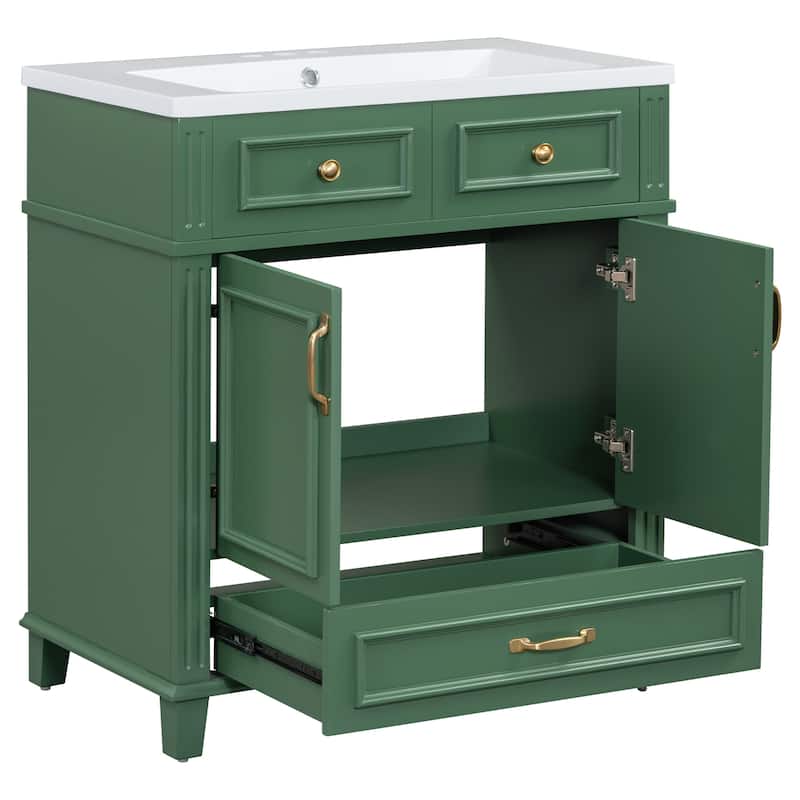 Bathroom Vanity with Resin Sink, Freestanding Cabinet with Soft Closing Doors, Bathroom Storage Cabinet with Bottom Drawer