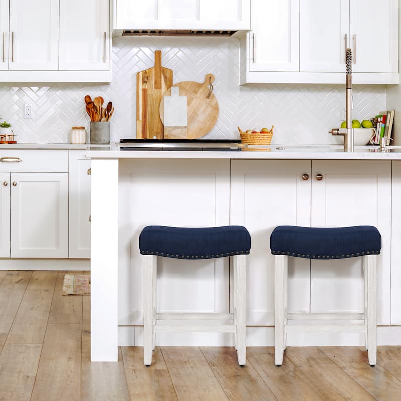 Jameson Upholstered Polyester Antique White 24 Inch Counter Stool (Set Of 2) - Antique White/Navy Blue