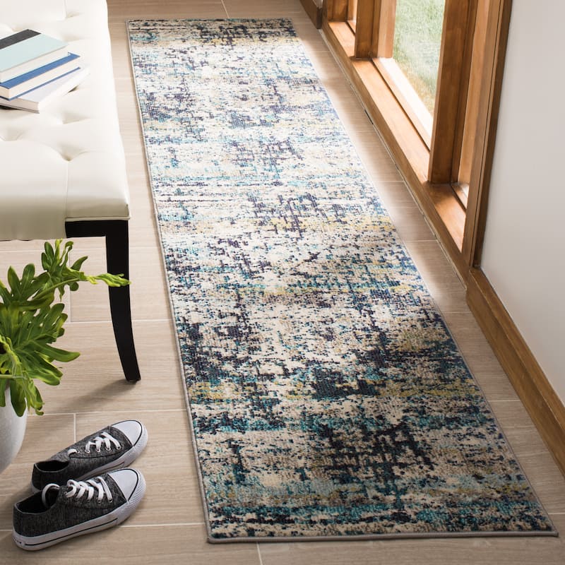 SAFAVIEH Madison Evangelina Modern Abstract Rug - 2' x 8' Runner - Cream/Blue