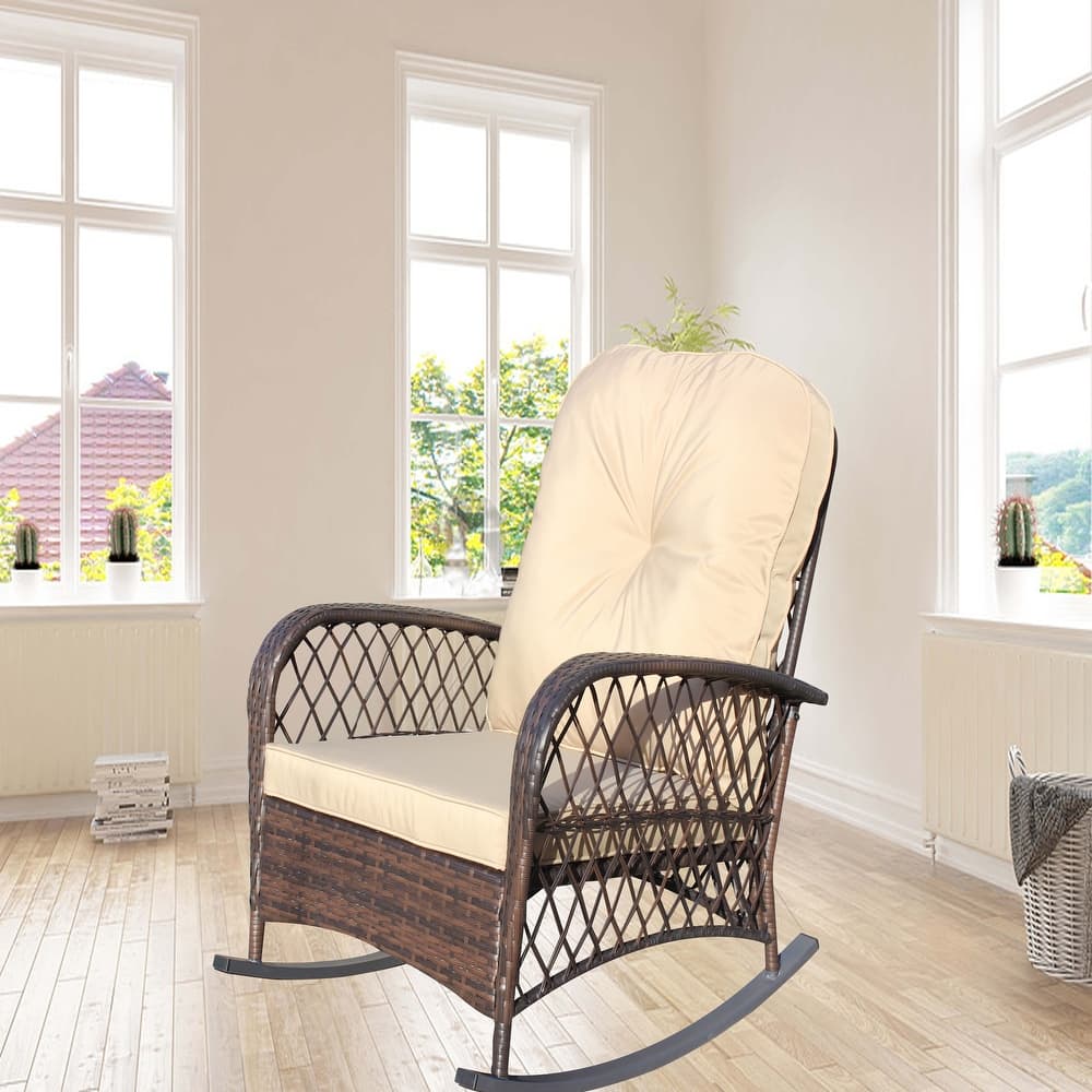 Outdoor Wicker Rocking Chair with Wide Seat, High Weight Capacity for Patio, Garden, Backyard, Beige