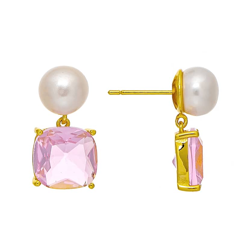 Pearl and Pink Crystal Drop Earring - 1" Long