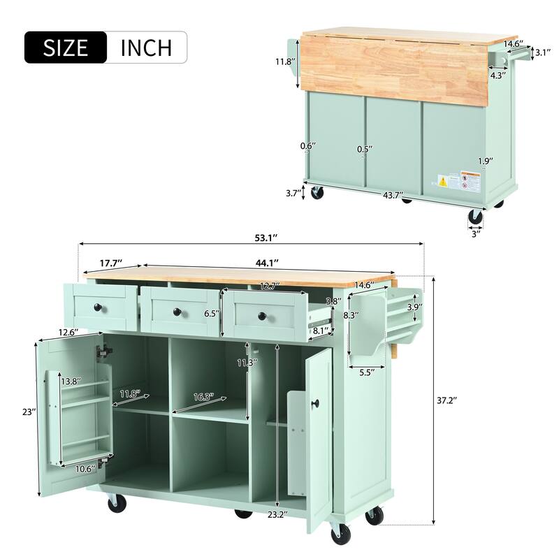 Kitchen Cart with Rubber Wood Drop-Leaf Countertop, Storage Cabinet, 3 Drawers & 5 Wheels