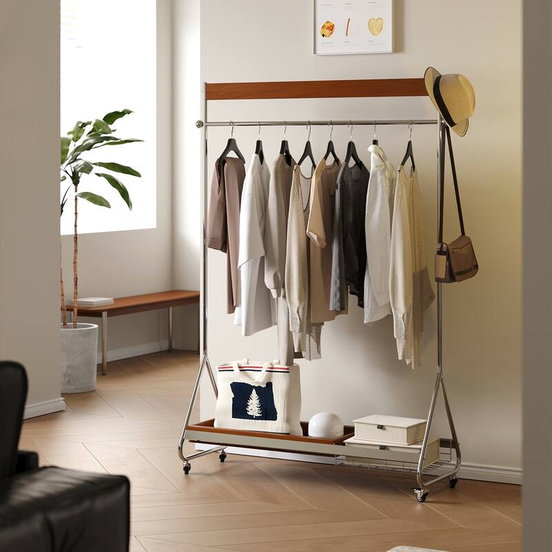 Antique American Style Clothes and Hat Rack with Storage Shelf, Portable Stainless Steel Floor Stand