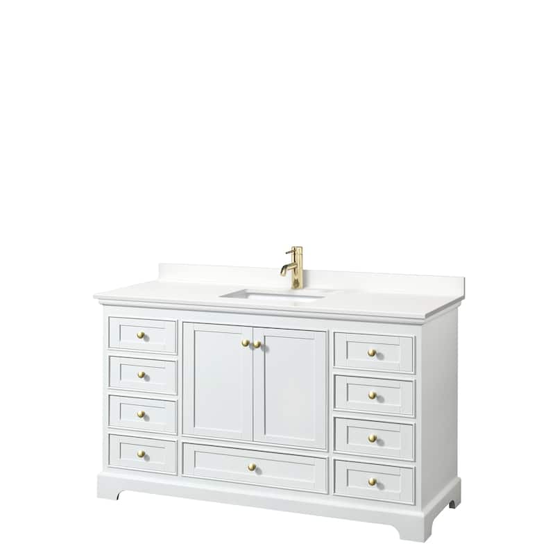 Deborah 60-inch Single Vanity, Quartz Top - White, Gold Trim, White Quartz Top