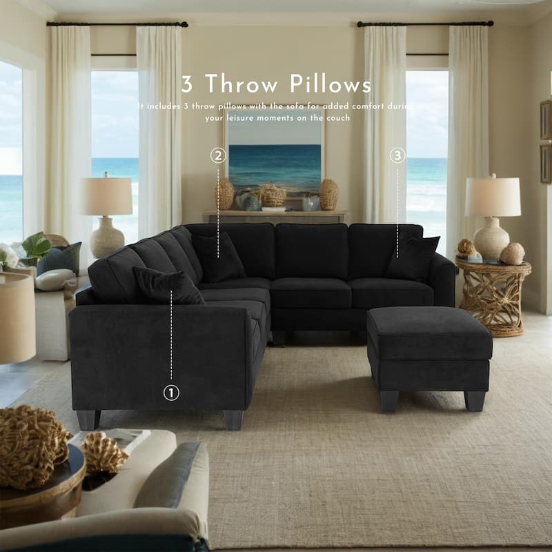 112" Width Black L-Shape Sectional Livingroom Modular Sofa With Storage Ottoman