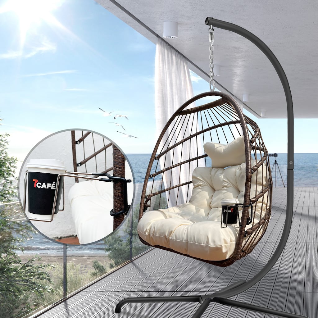 Foldable Hanging Basket Egg Chairs Swing Hammock Chairs with Guardrail & Cup Holder Rattan Lounge Rocking Chair with C-Stand
