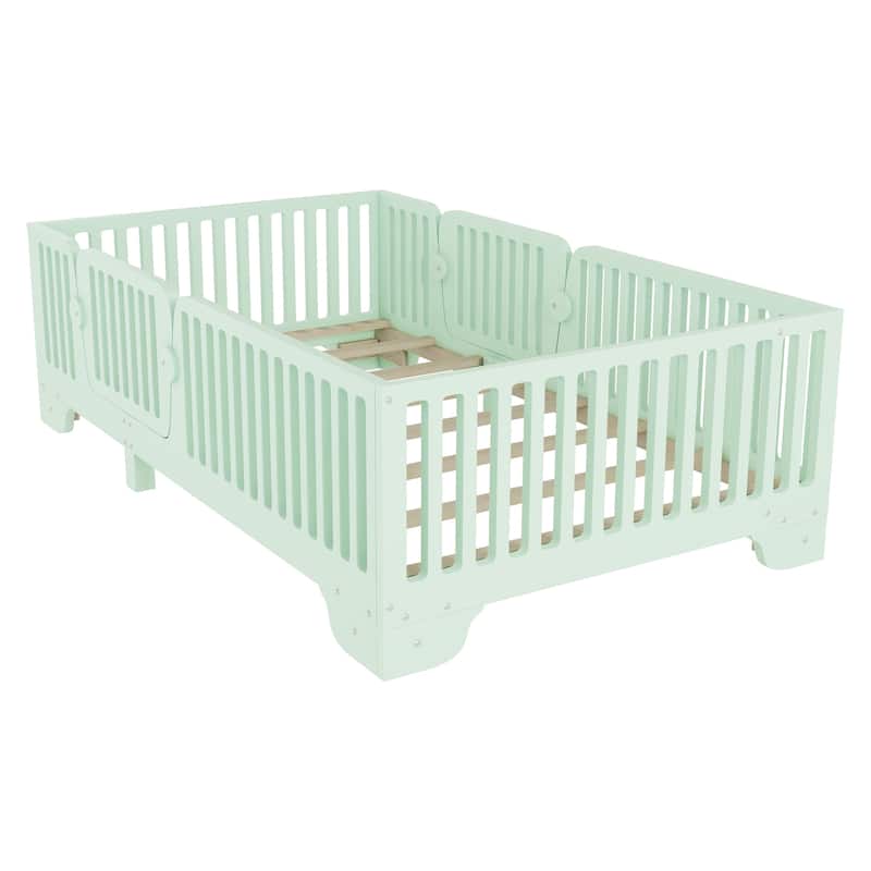 Kids Floor Bed with Safety Fence and Removable Door for Boys Girls
