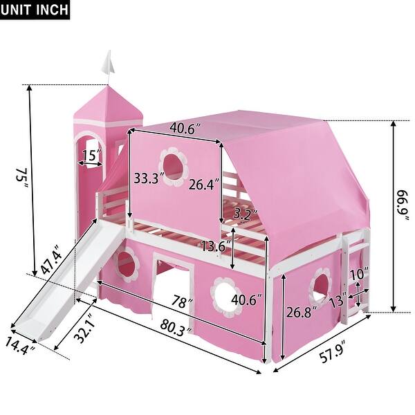 Pink Pine Wood Castle-Inspired Bunk Bed with Slide