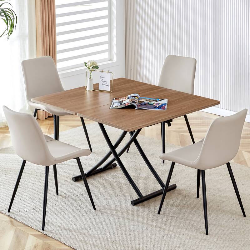 Modern lifting table, with a 0.8-inch wood grain process sticker desktop and metal legs, can be used as a dressing table