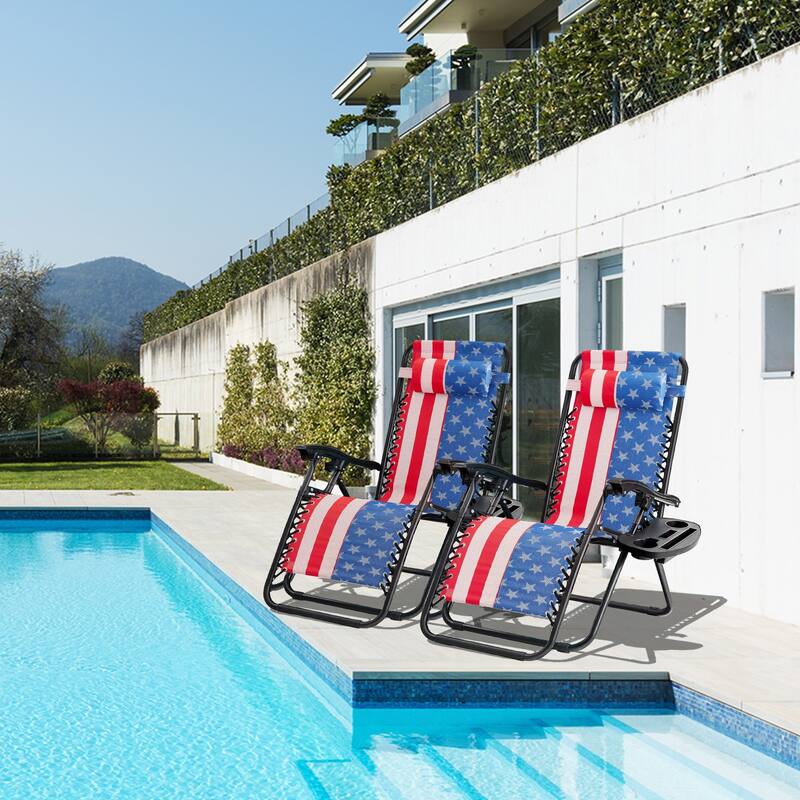 Set of 2 Zero Gravity Recliner Lounge Chairs with Cup Holders, Folding Patio Camping Beach Chairs for Outdoor Relaxation