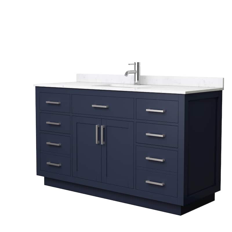 Beckett TK 60-inch Single Vanity, Cultured Marble Top - Dark Blue, Nickel Trim,Carrara Cultured Marble Top