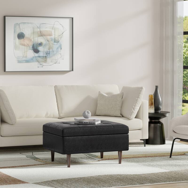 WYNDENHALL Blanchette Mid Century Modern Storage Ottoman - 26" D x 34.25" W x 18.5" H - Distressed Black