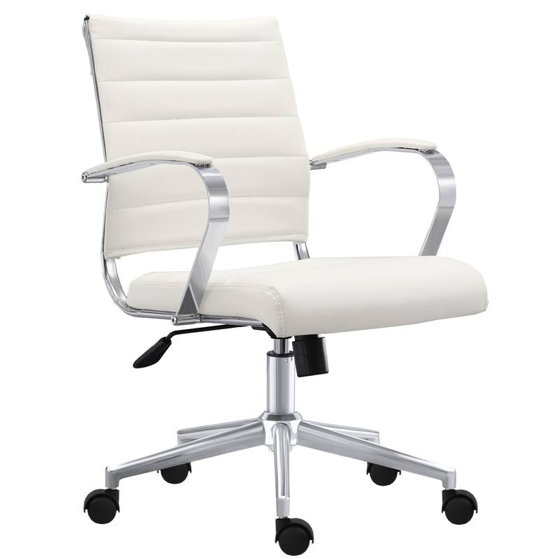 Modern Office Desk Chair Mid Back Ribbed PU Leather Armless Conference Task Chair with Padded Foam Seat, Tan - White