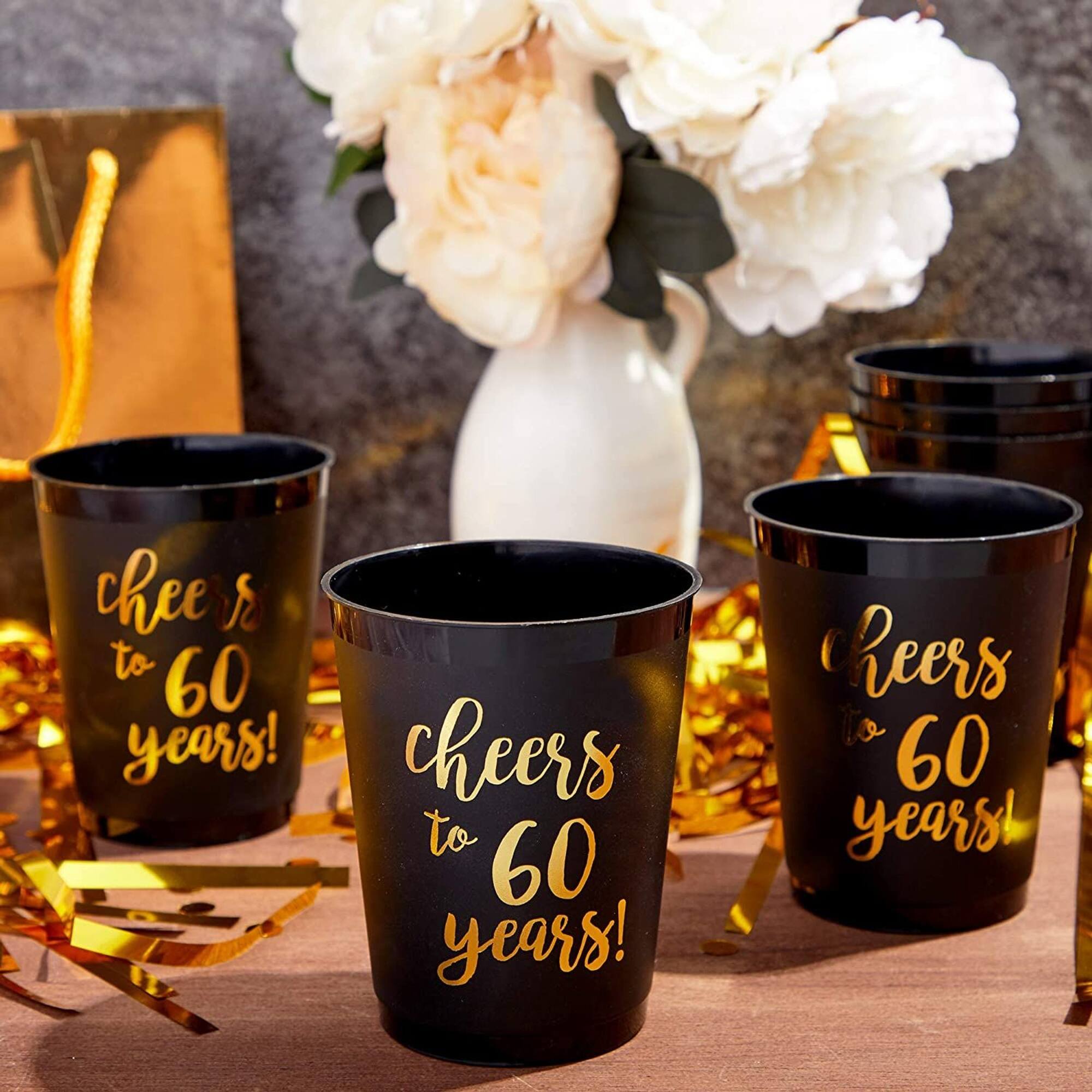Black Plastic Tumbler Cups for 60th Party, Cheers to 60 Years (16 oz