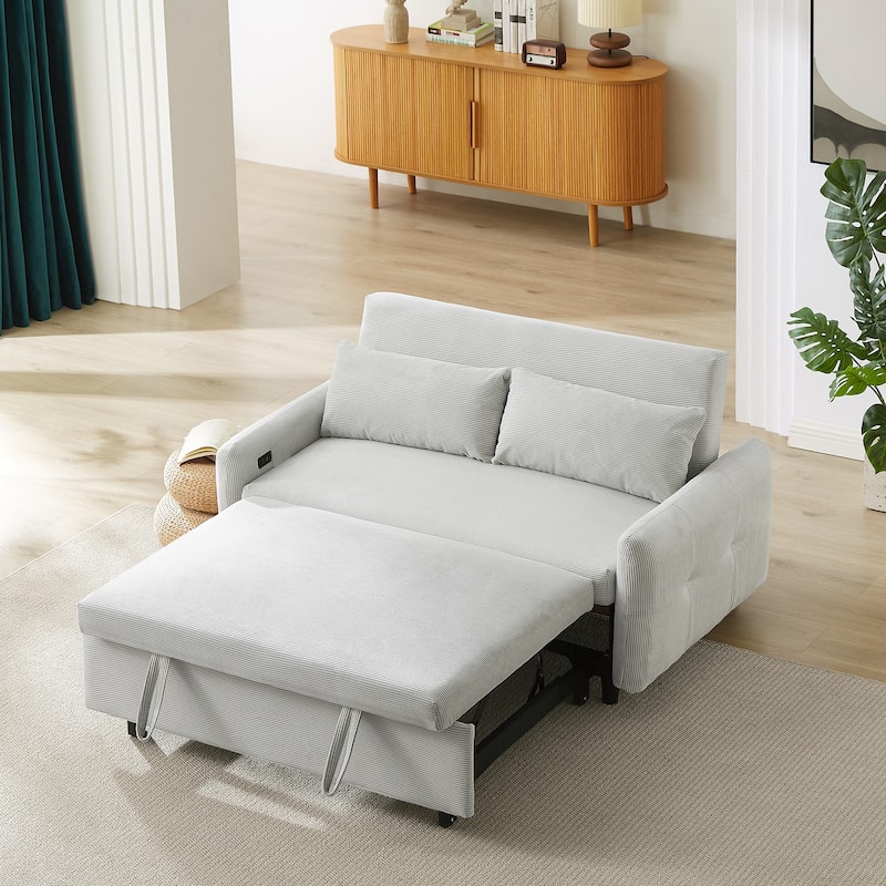 Convertible Sofa Bed Pull-out Sofa Couch 2 Seat Loveseat Sofa Modern Sleeper Sofa with 2 Throw Pillows and USB Ports - Light Blue