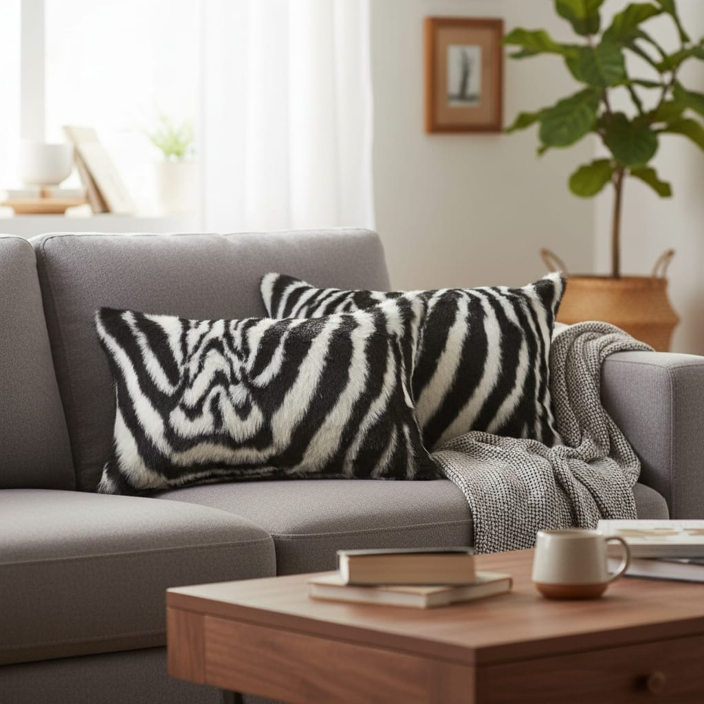 HomeRoots Set of Two 12" X 20" Black and White Faux Fur Throw Pillow