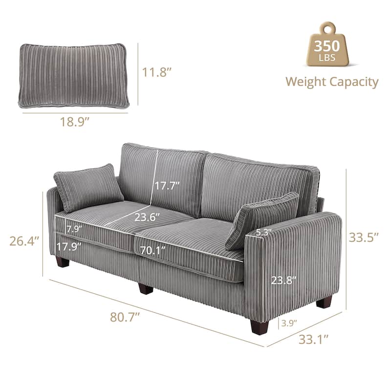 81" Modern Corduroy 3 Seater Sofa, Polyester Rectangle Upholstered Sofa for Livingroom - 81"W X 33"D X 26"H