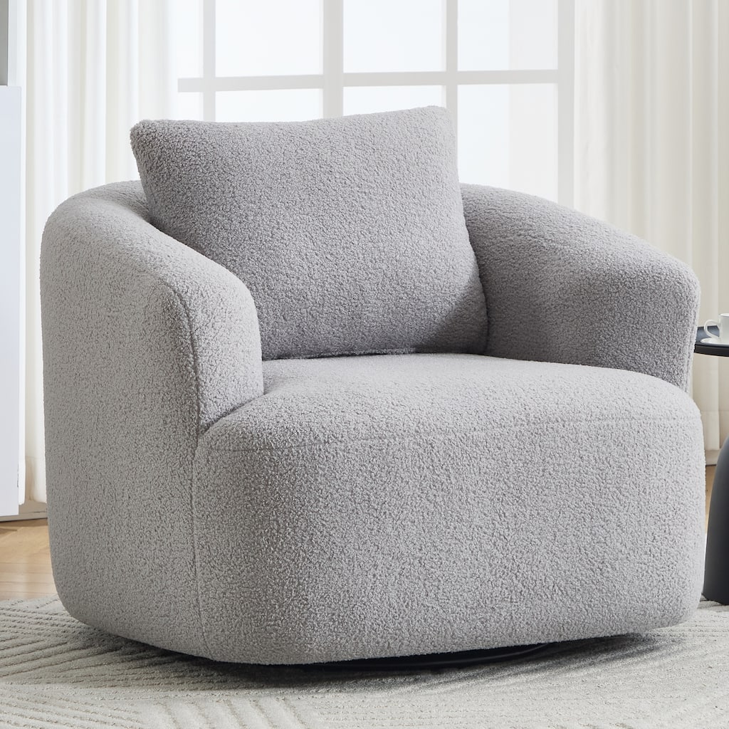 360°Swivel Round Upholstered Comfy Chair With One Soft Pillow, Teddy Fleece High-Resilience Sponge Single Sofa