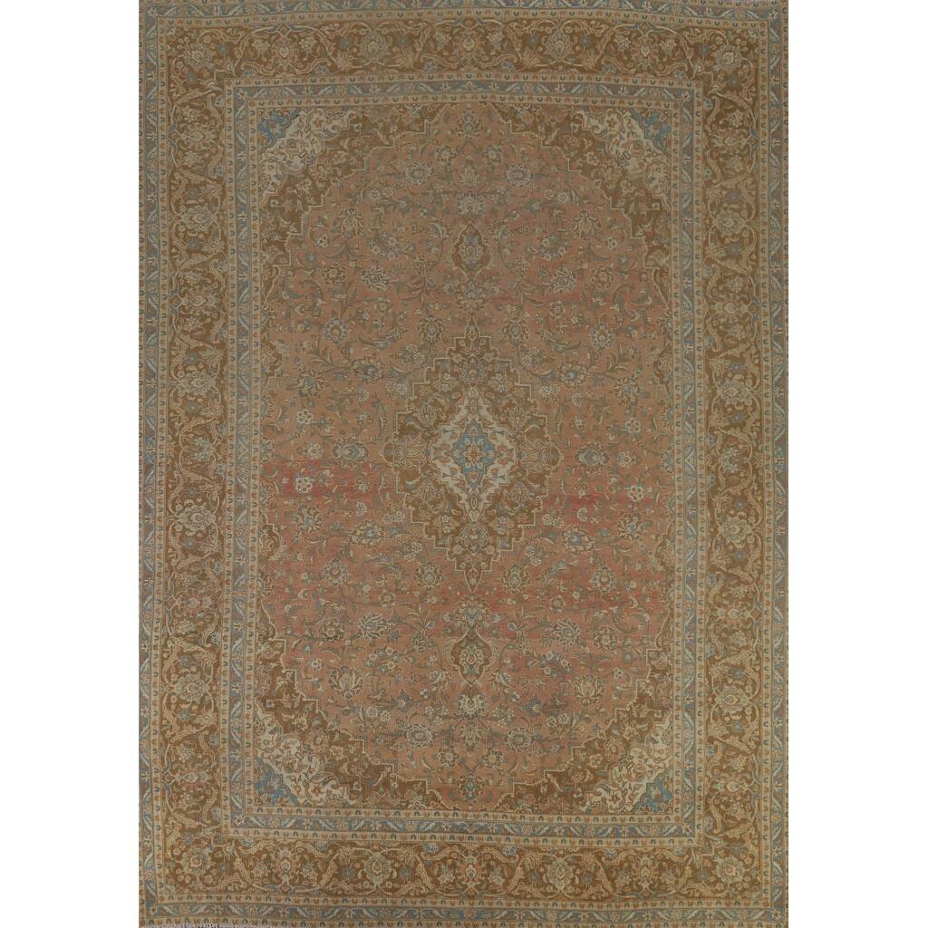 Traditional Mashad Persian Vintage Rug Hand-Knotted Pink Wool Carpet - 9'7" x 13'0"