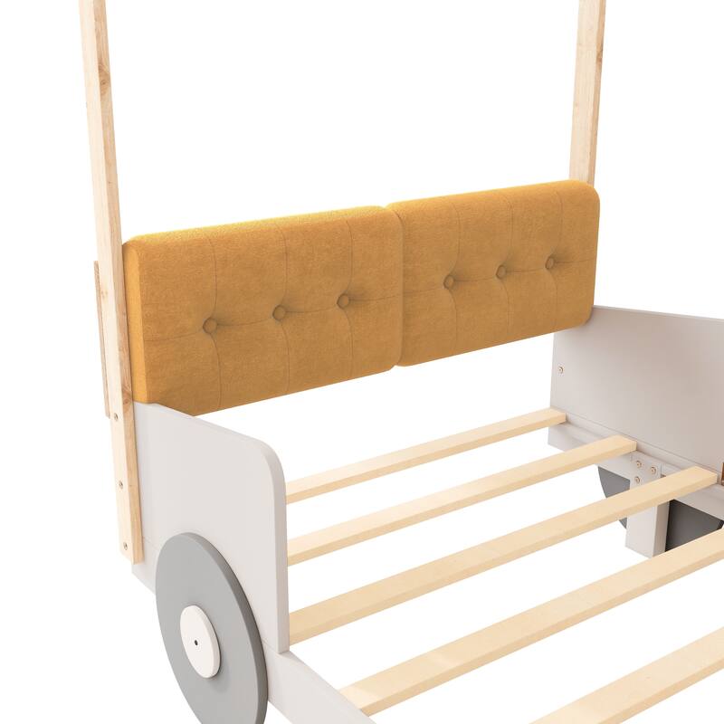 Roomfitters Size Car Canopy Bed, Wood Frame Platform with Upholstered Headboard, Tent Roof Design