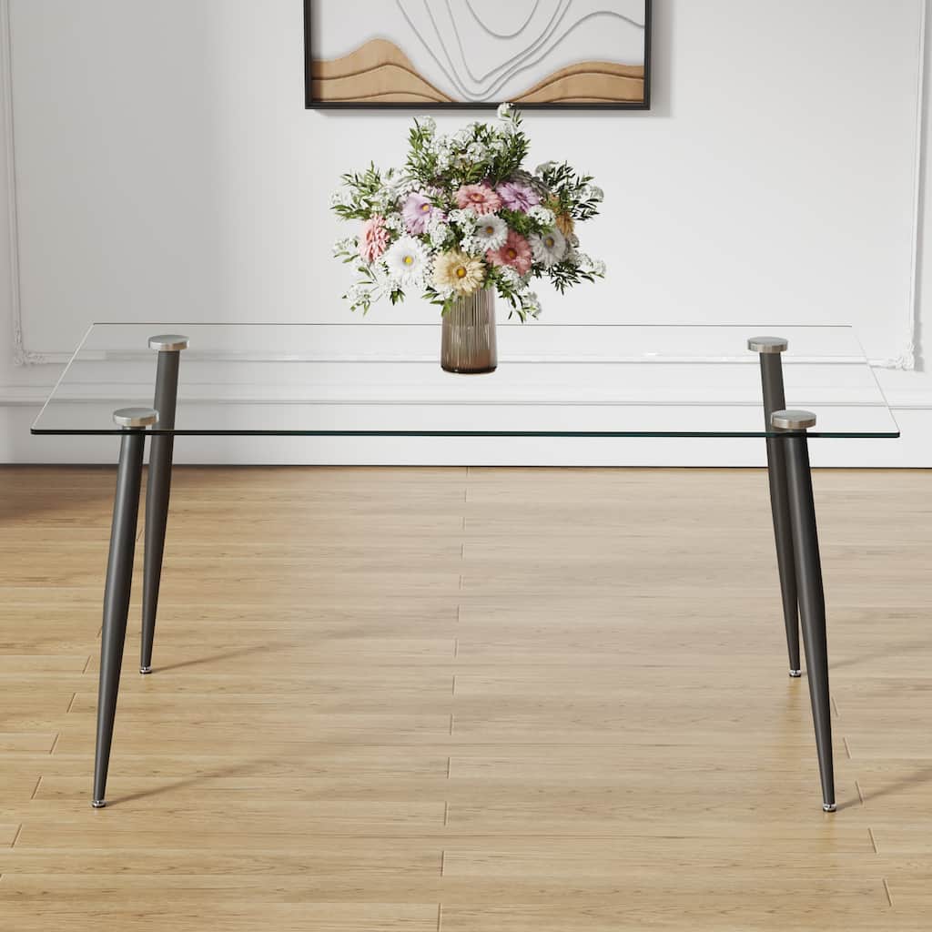 51" Tempered Glass Dining Table, Rectangular Living Room Table with Clear Glass Tabletop Metal Legs and Non-Slip Feet