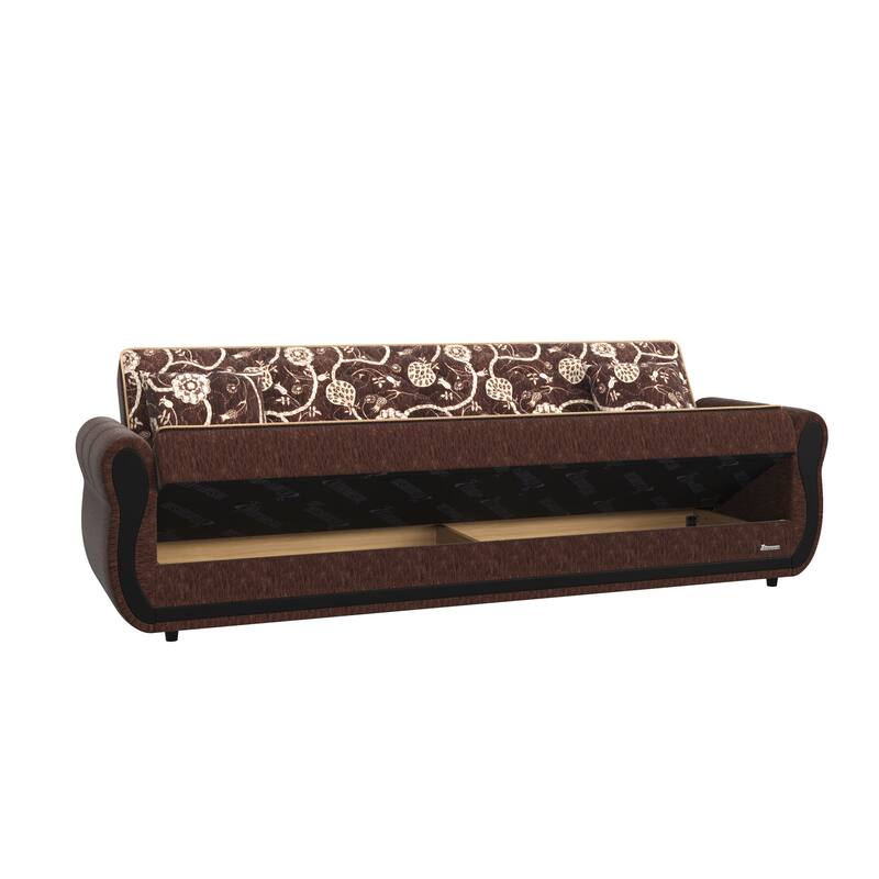 HomeRoots 90" Brown Chenille Convertible Futon Sleeper Sofa And Toss Pillows With Storage