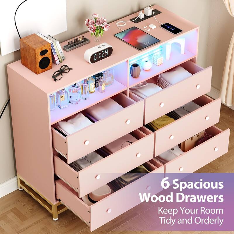6-Drawer Double Dresser for Bedroom, Wooden TV Stand with LED Lights & Power Outlet, Storage Cabinet for Closet