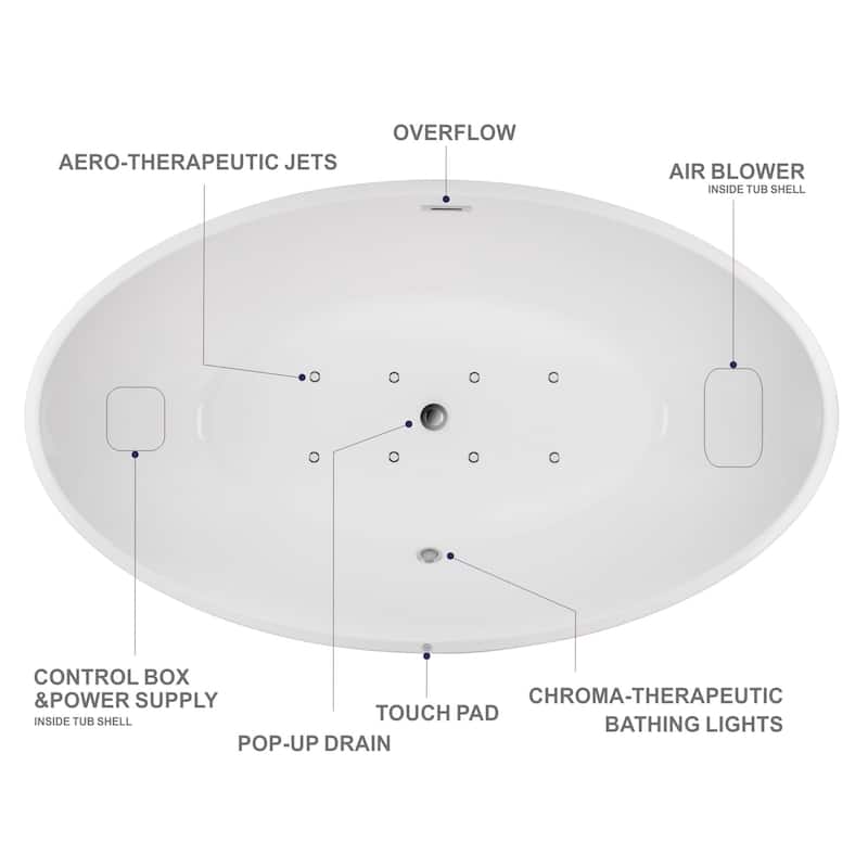 Vanity Art 55" Freestanding Acrylic Soaking Bathtub with Slotted Overflow & Pop-up Drain