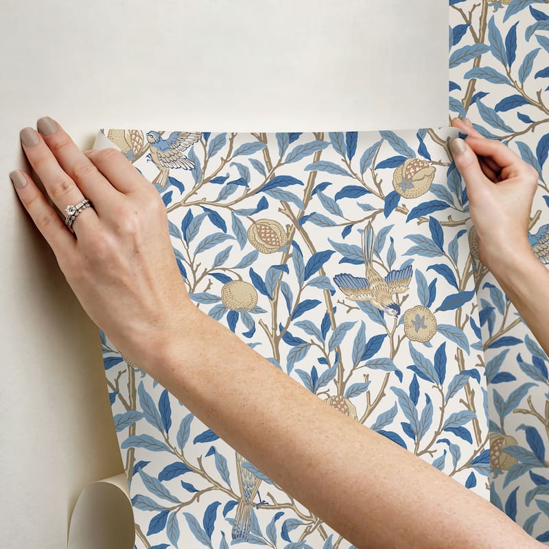 Bird and Pomegranate Woad Peel and Stick Wallpaper