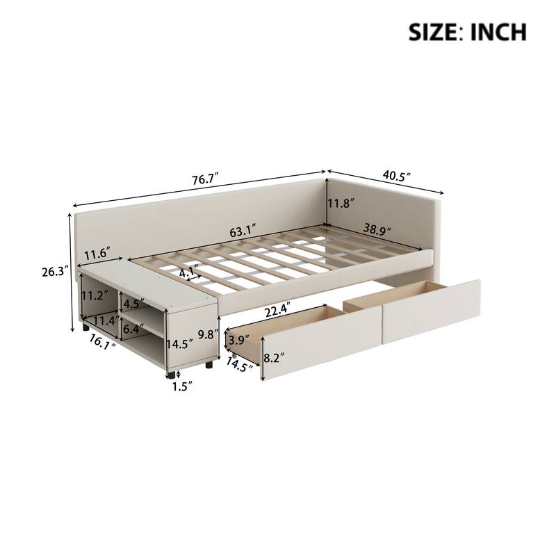 L-Shaped Twin Size Upholstered Platform Bed with Storage Drawers, Beige