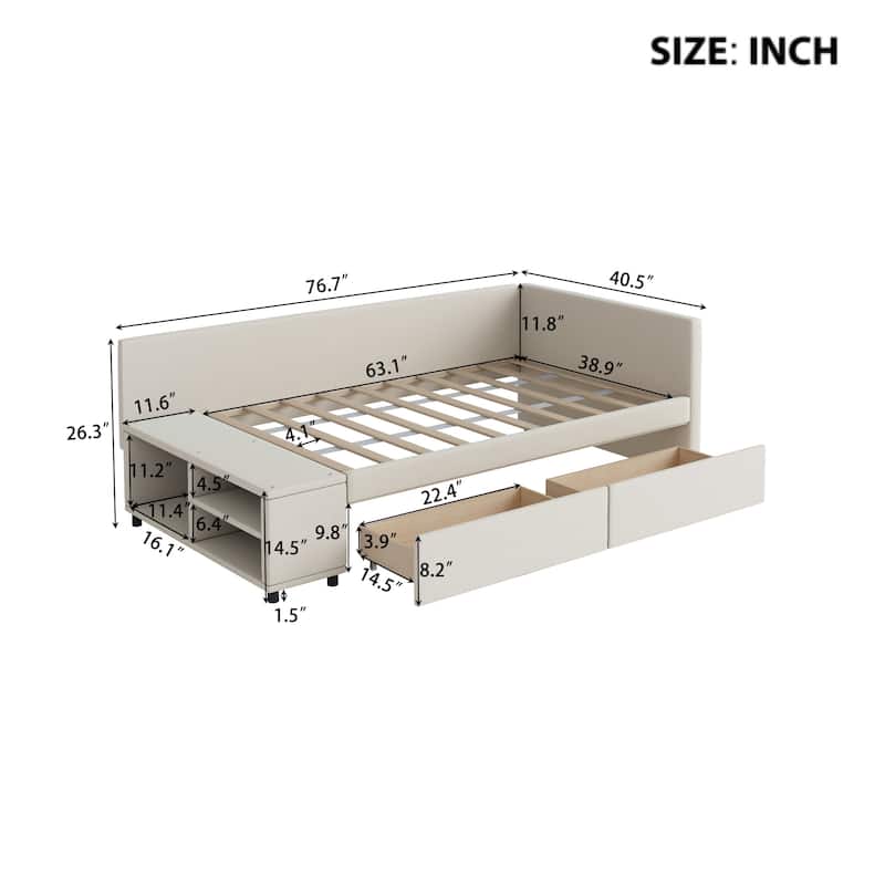 Stylish Twin Size Platform Bed with Storage Cabinets and Velvet Upholstery - Space-Saving Design