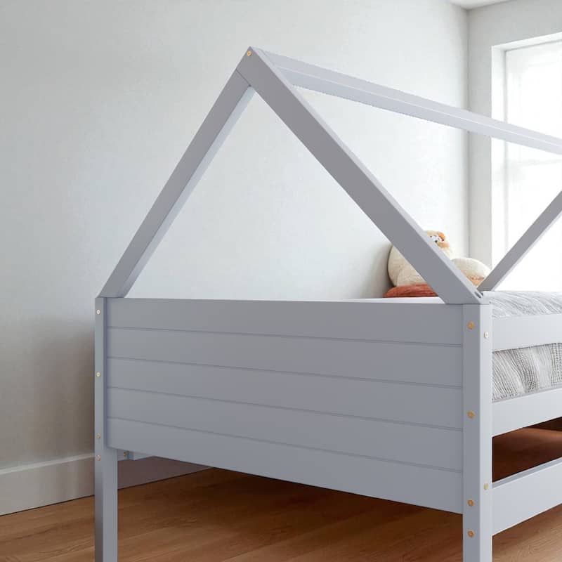 Twin Over Twin House Bunk Bed with Roof Frame, Guardrails, Ladder and Fluted Headboards, Solid Rubber Wood
