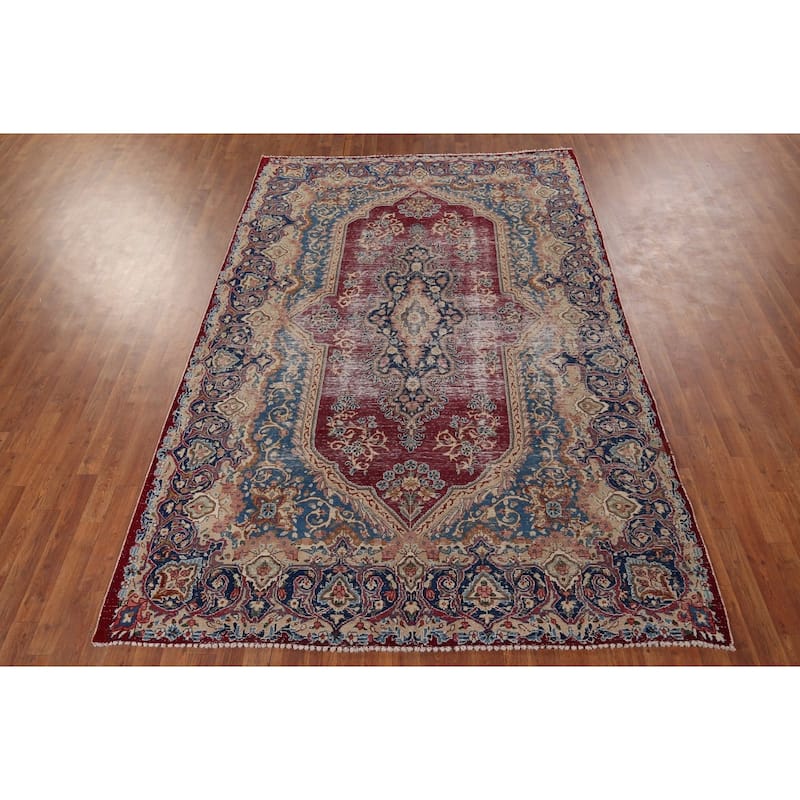 Distressed Geometric Kerman Persian Vintage Rug Handmade Wool Carpet - 6'6" x 9'10"