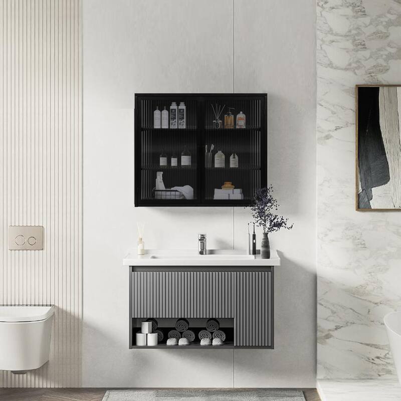 27.56"Glass Doors Modern Two-door Wall Cabinet with Featuring Three-tier Storage for Entryway Living Room Bathroom Dining Room - Black