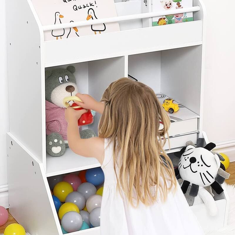 Kids Toy Storage Organizer - Wooden Book Shelf for Toddlers