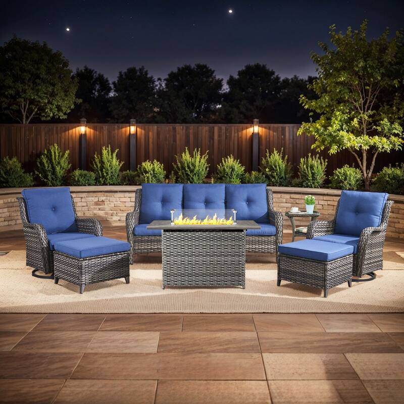 Fire Pit Table with Patio Glider Chairs Sofa Chairs Table - Grey - Blue