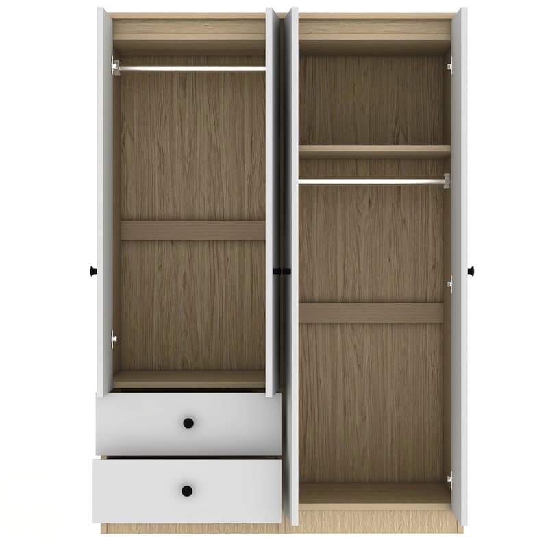 Wooden Bedroom Wardrobe with Hanging Rods & Drawers, 4-Door Armoire Closet Storage Cabinet for Home Organization, White+Natural