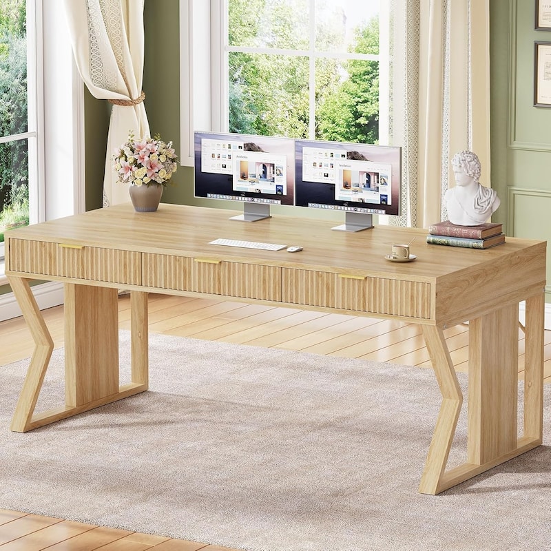 Farmhouse Executive Desk Home Office Desk File Drawer Monitor Stand Power Outlet - 55"  - Oak