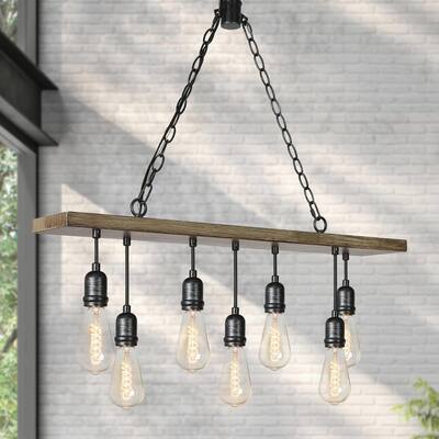 Modern 7-Light Wood Linear Adjustable Chandelier Bulb Kitchen Island Pendant - Brown - L31.5"x W5.5"x H 8.5"