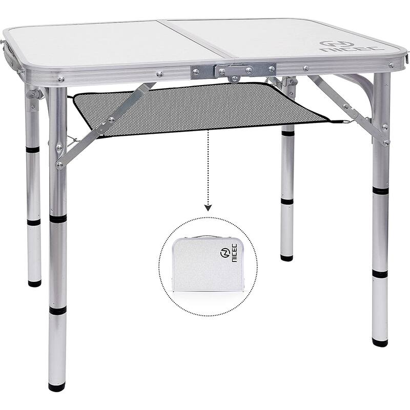 Folding Card Table Adjustable Height, Portable Camping Table Lightweight Aluminum, with Carry Handle for Outdoor, Beach - White 15.8"D x 23.7"W x 21.3"H