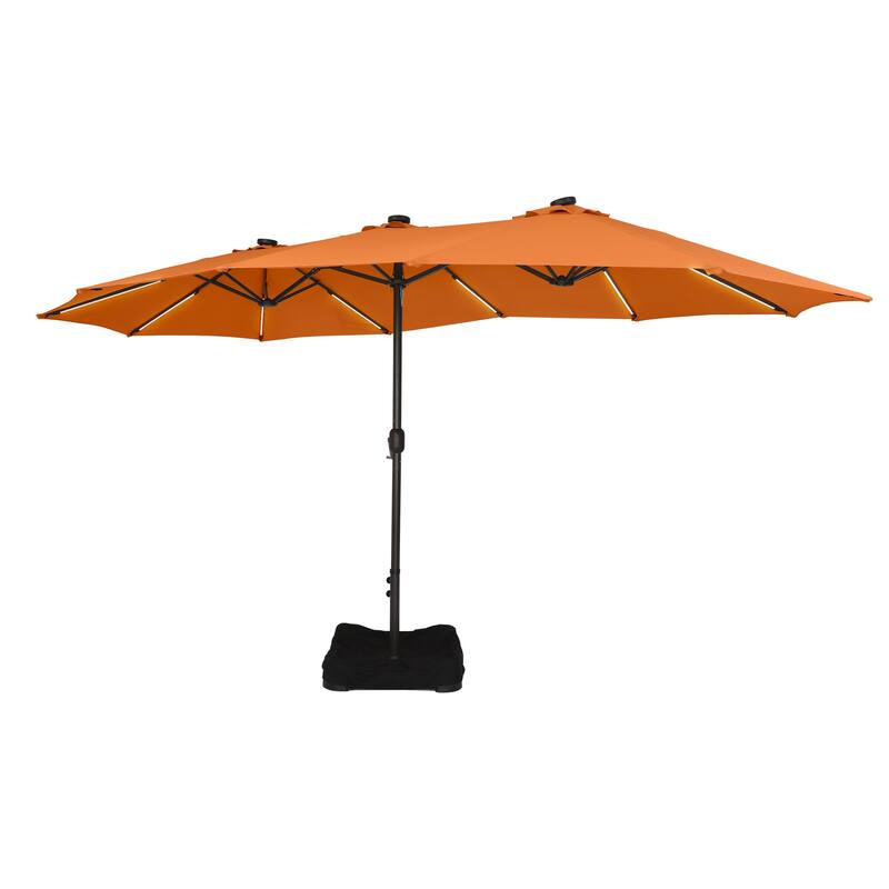 15 Ft Outdoor Solar Detachable Lights Rectangular Crank Market Umbrella with Base - Orange