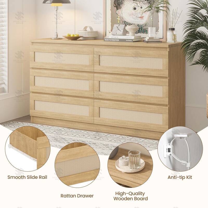 6/8 Drawer Rattan Dresser for Bedroom, Double Wood Chest of Drawers for Closet, Nightstand, TV Stand