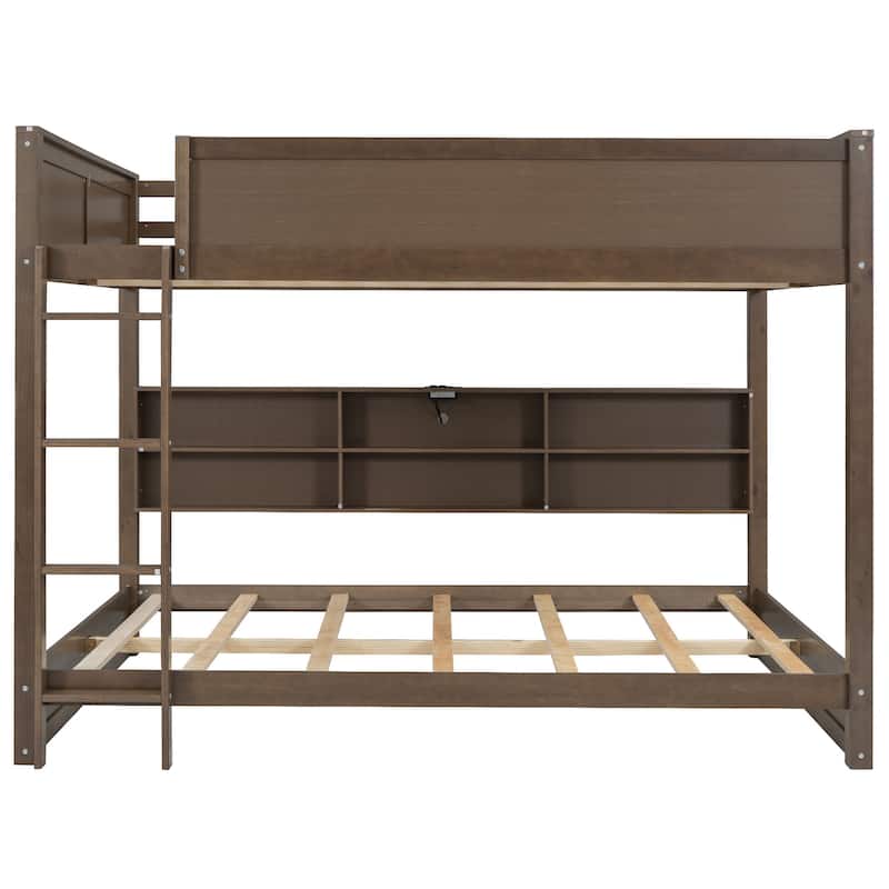 Wood Queen Bunk Bed with Storage Cabinets and USB Ports