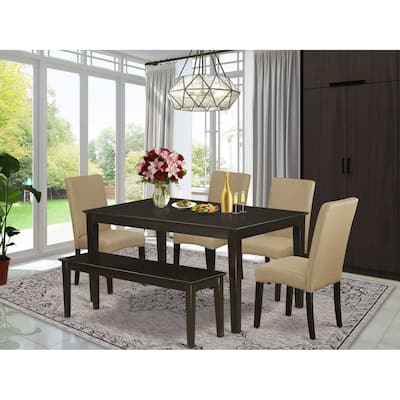 Rectangular Dining Set 6pc - Table & 4 Parsons Chairs + Bench - Linen Fabric - Cappuccino Finish