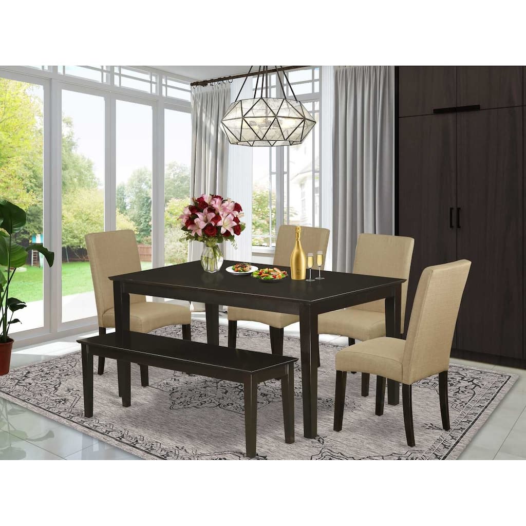 Rectangular Dining Set 6pc - Table & 4 Parsons Chairs + Bench - Linen Fabric - Cappuccino Finish