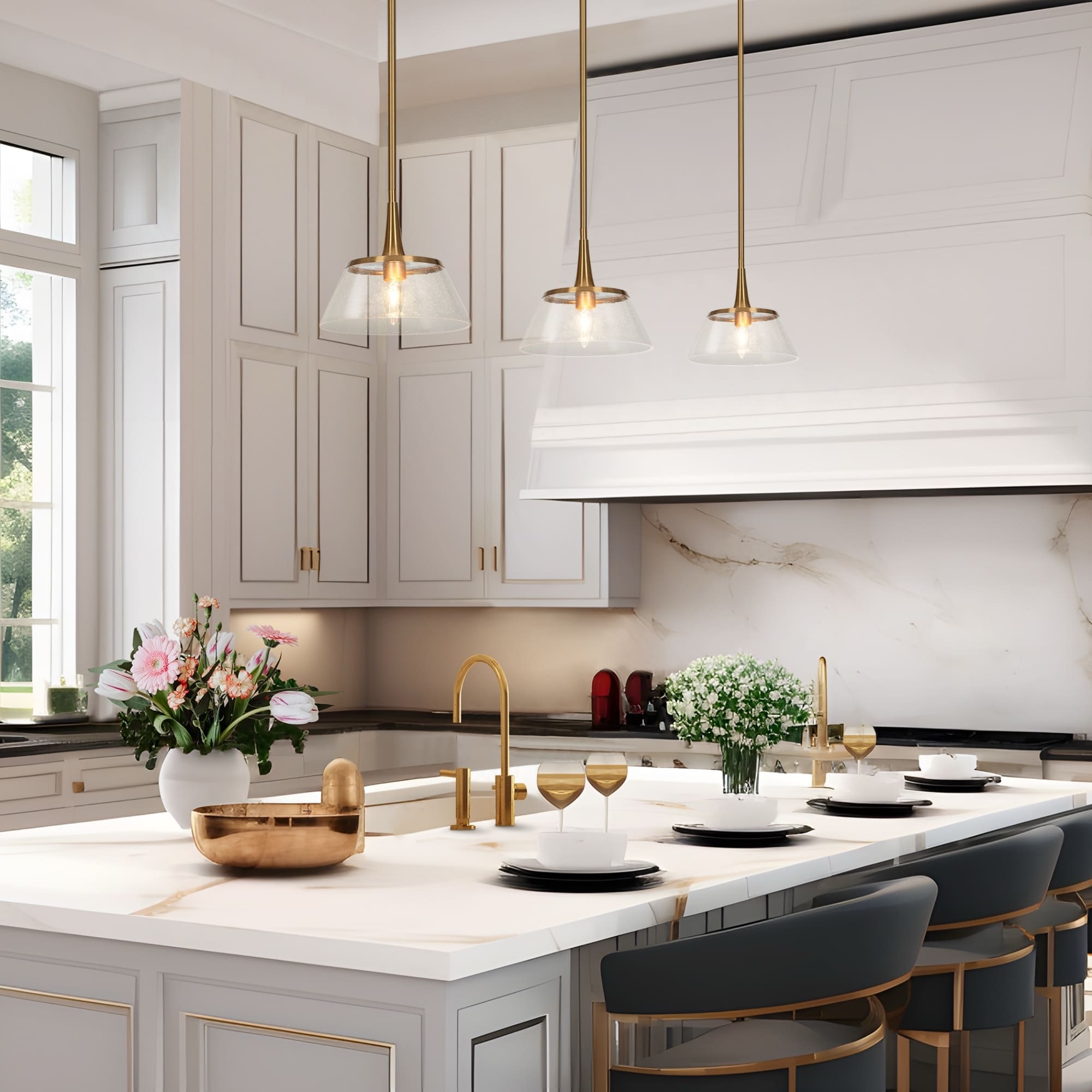LALUZ Modern Gold 1-Light Seeded Glass Pendant Light for Kitchen