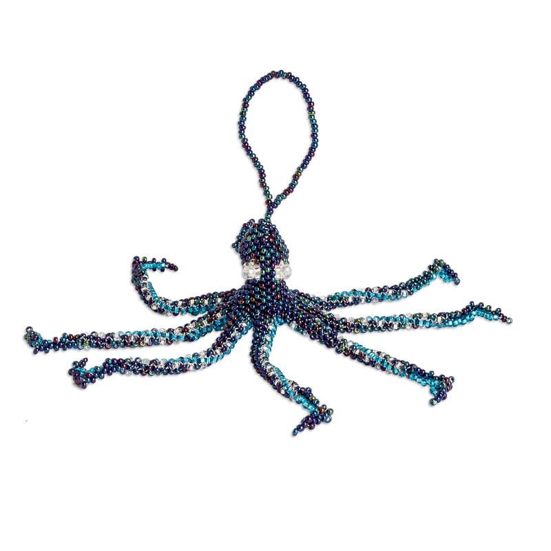 Novica Handmade Blue Aquatic Life Crystal And Glass Beaded Ornament