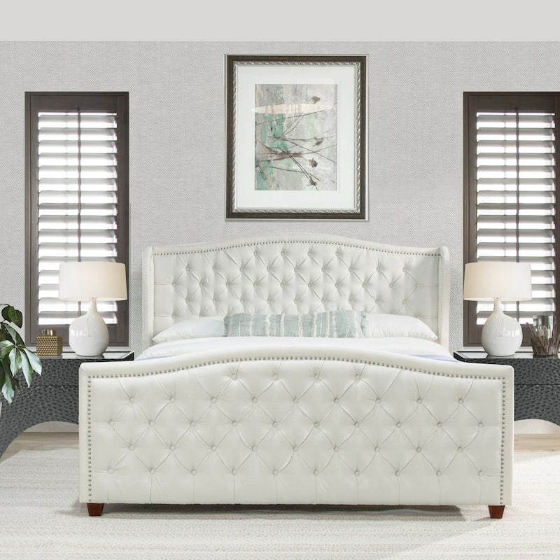 Angelina Upholstered Tall Tufted Wingback Bed Frame - Antique White Polyester - King