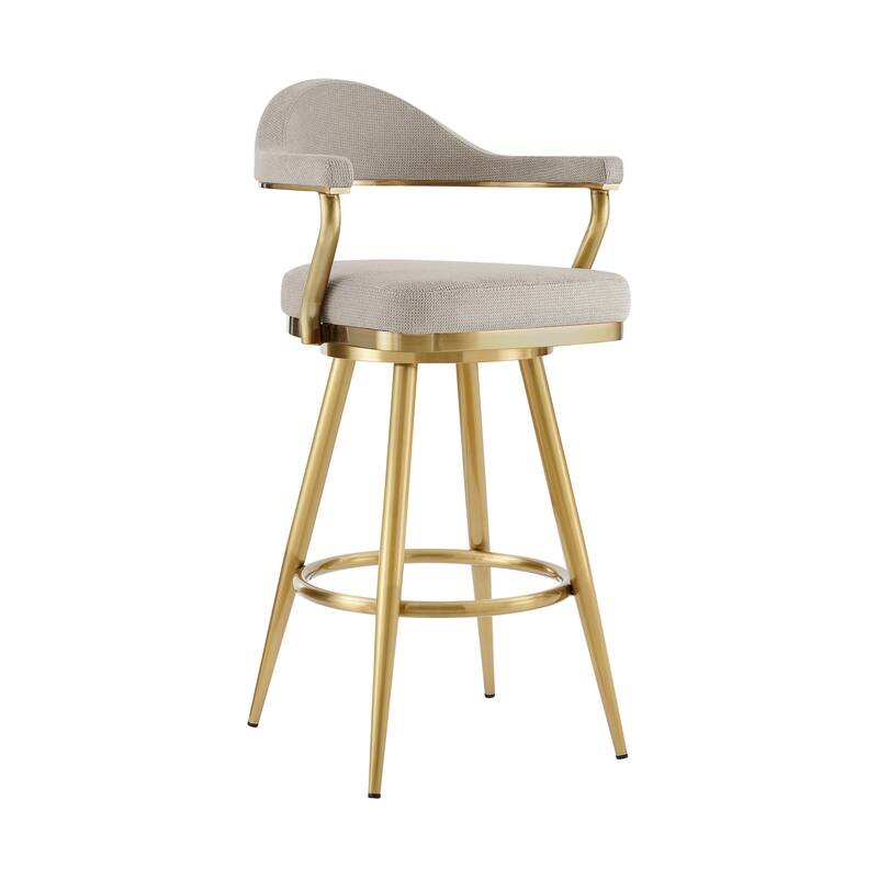 HomeRoots 26" Taupe and Gold Fabric and Stainless Steel Counter Height Swivel Bar Chair
