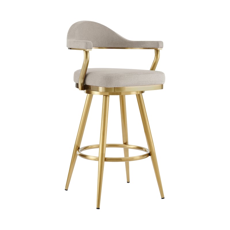 HomeRoots 30" Taupe and Gold Fabric and Stainless Steel Bar Height Swivel Bar Chair